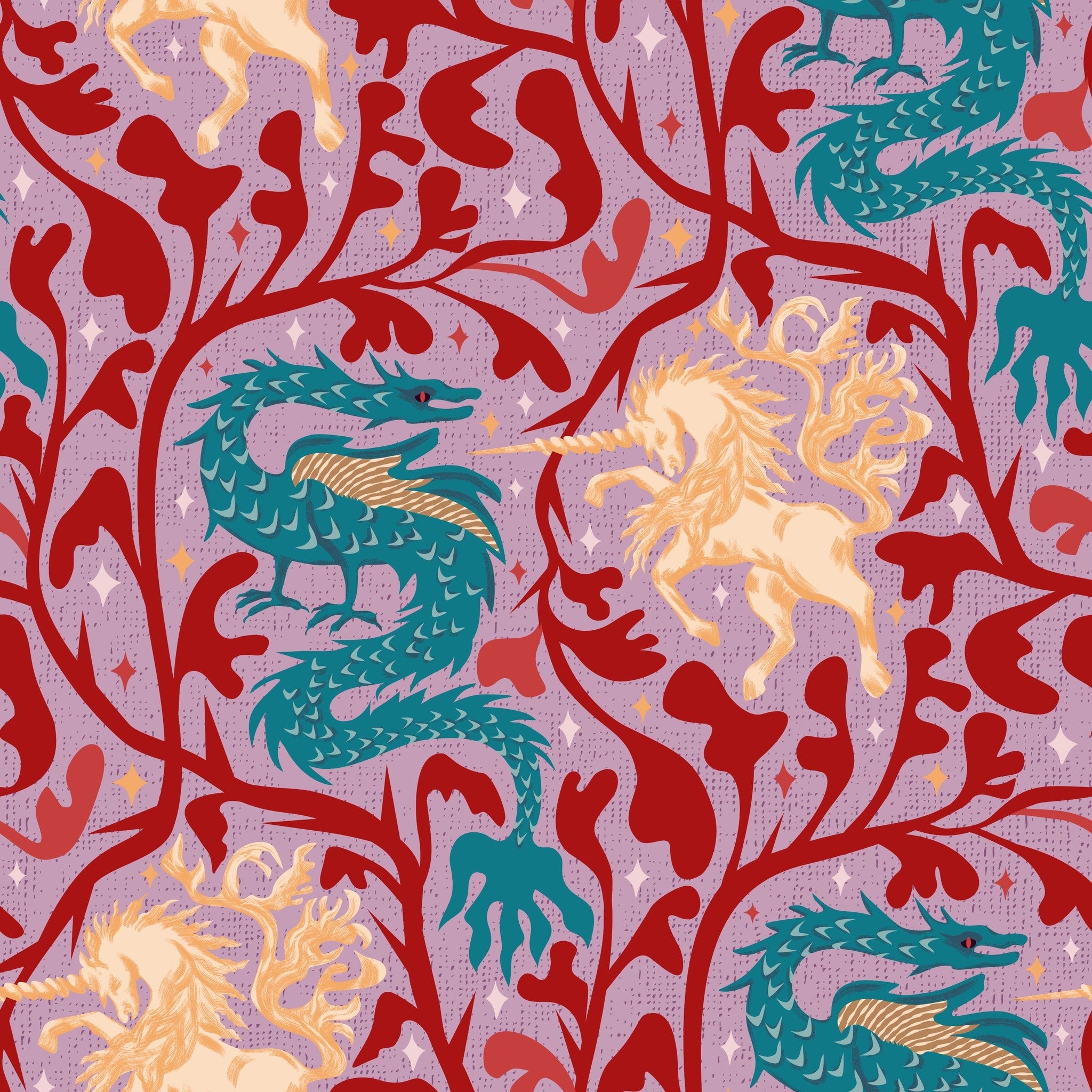 Fantasy wallpaper with teal dragons and golden unicorns on lavender background.