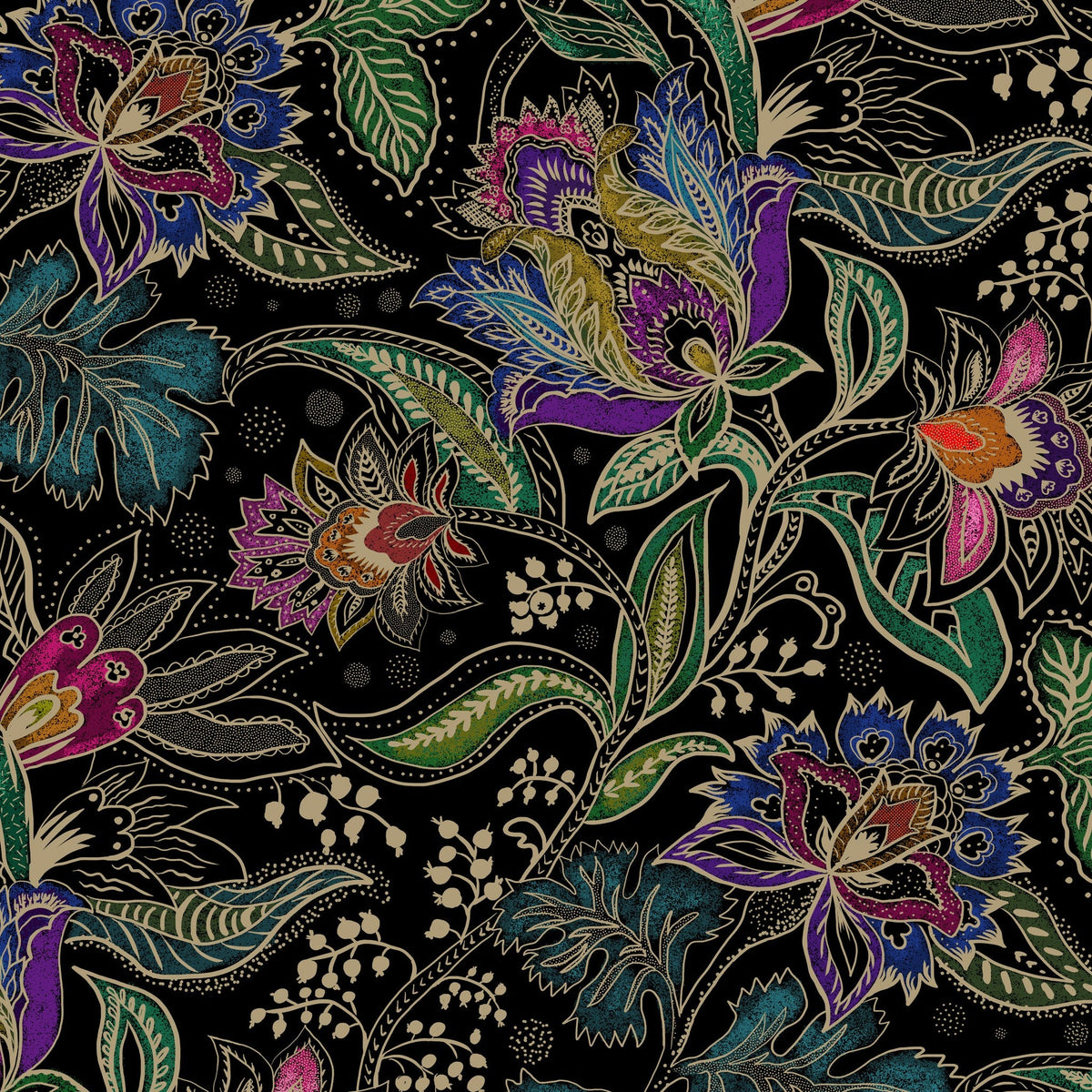 Intricate floral wallpaper with vibrant pink, purple, and teal motifs on a black background.