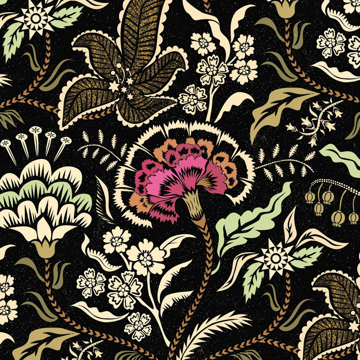 Pink and sage floral wallpaper with black background and botanical motifs.