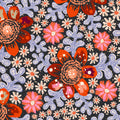 Bold floral wallpaper with red and coral flowers on black background.