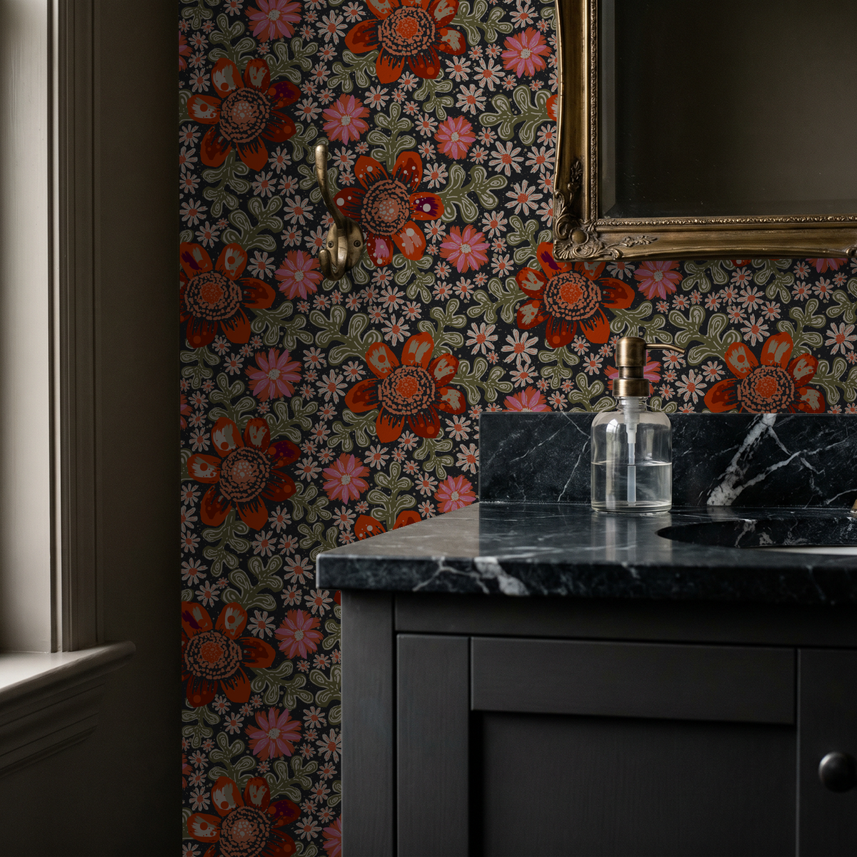 Bold floral wallpaper with red and olive hues in a bathroom setting.