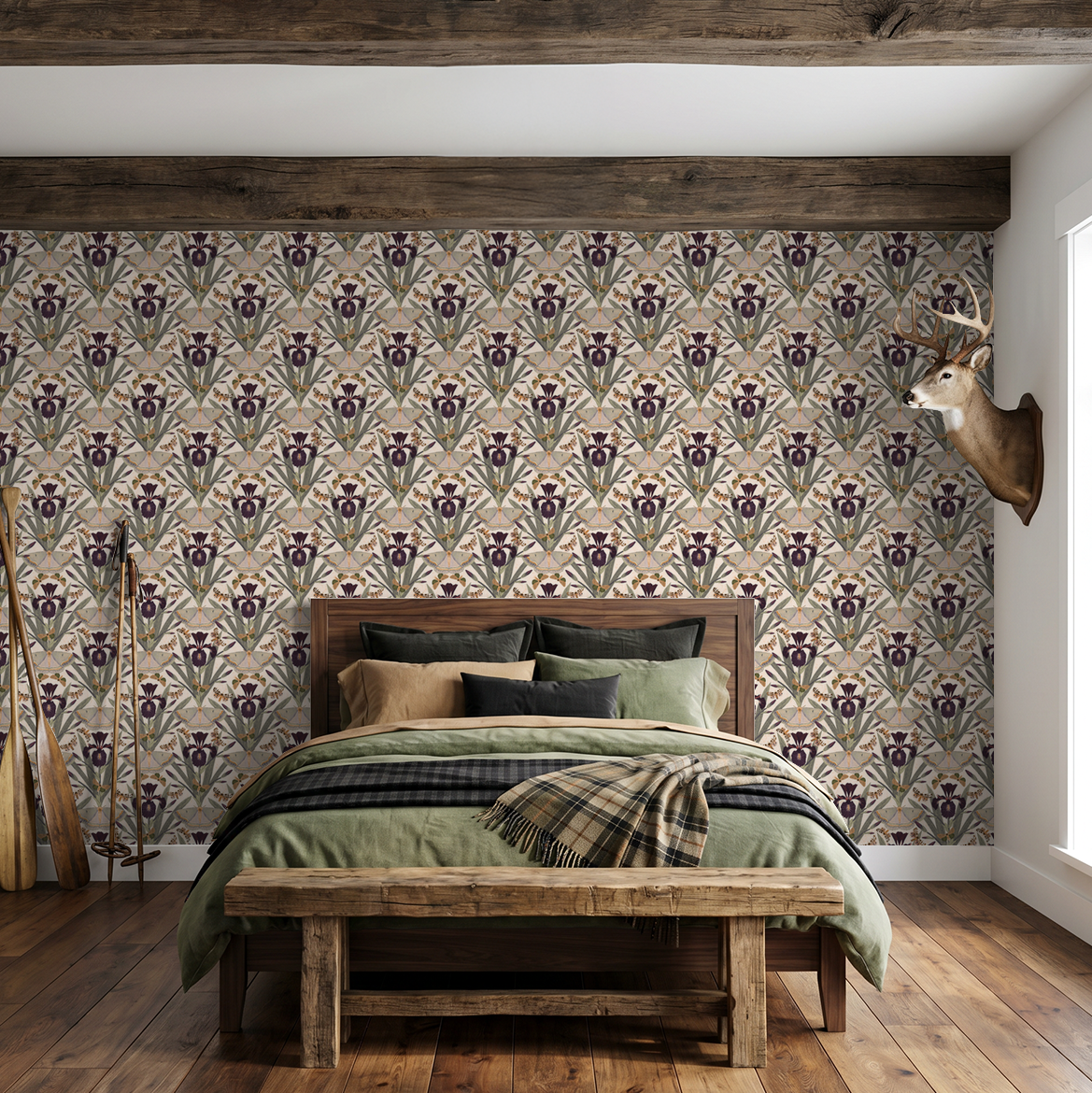 Botanical Dutch iris and moth wallpaper in rustic bedroom setting.