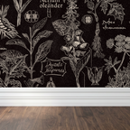 Botanical wallpaper with white plant illustrations on charcoal background in room setting.