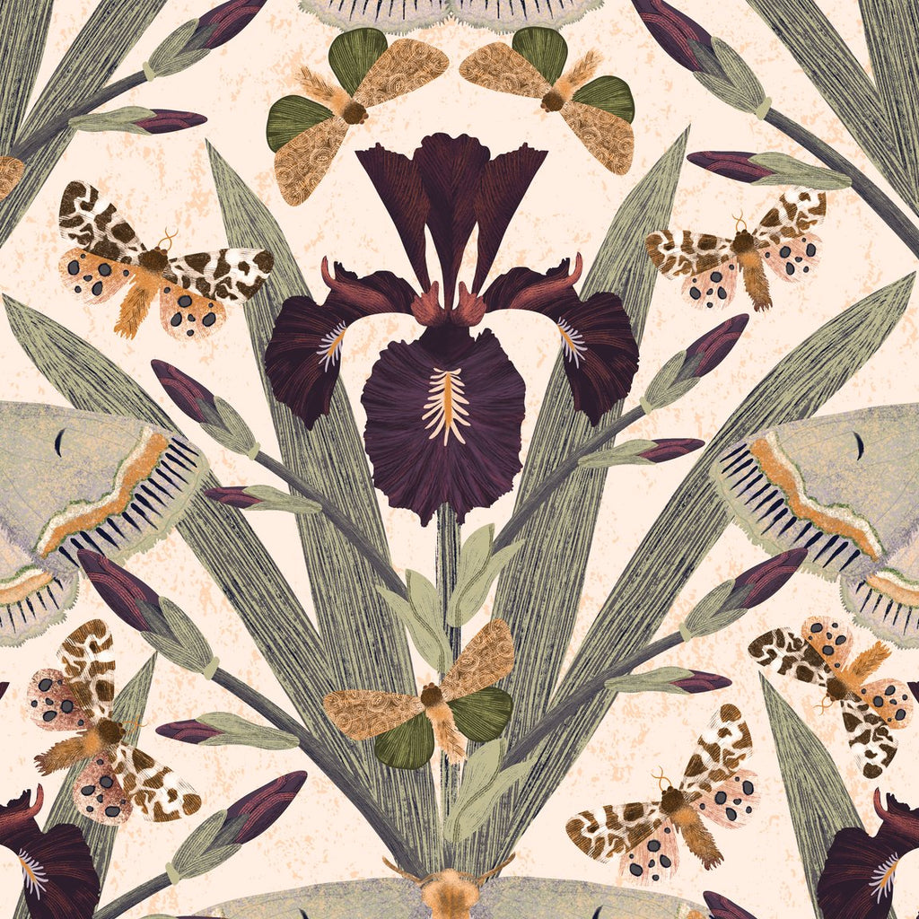 Botanical wallpaper with purple Dutch iris and exotic moths on beige background.