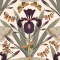 Botanical wallpaper with purple Dutch iris and exotic moths on beige background.