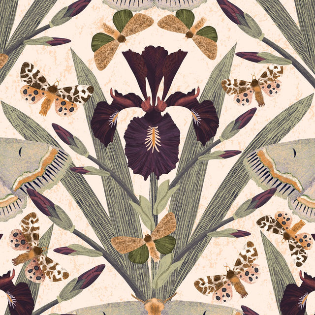 Botanical wallpaper with purple Dutch iris and exotic moths on beige background.