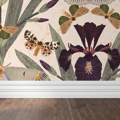 Botanical wallpaper with purple iris and exotic moths on beige background.