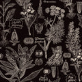 Intricate botanical wallpaper with white plant illustrations on charcoal background.