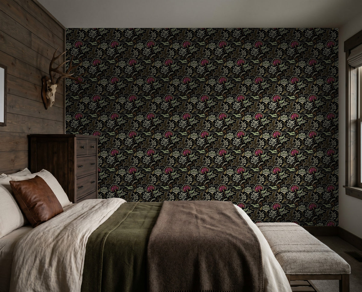 Carnations Chintz wallpaper with pink and sage floral pattern in rustic bedroom.