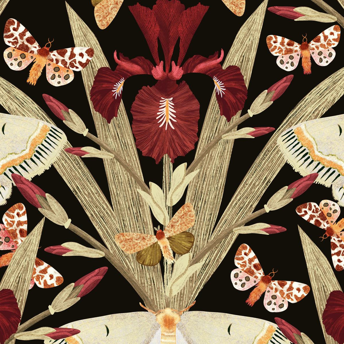 Charcoal wallpaper with burgundy irises and moths in a botanical pattern.