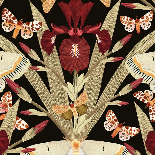 Charcoal wallpaper with burgundy irises and moths in a botanical pattern.