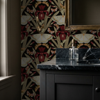 Charcoal wallpaper with burgundy irises and moths in elegant bathroom setting.