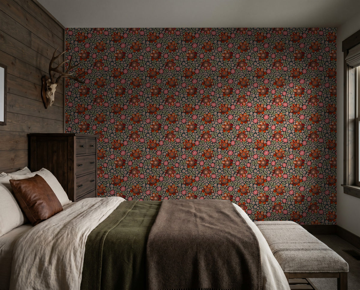 Charcoal wallpaper with red and olive floral pattern in cozy bedroom.