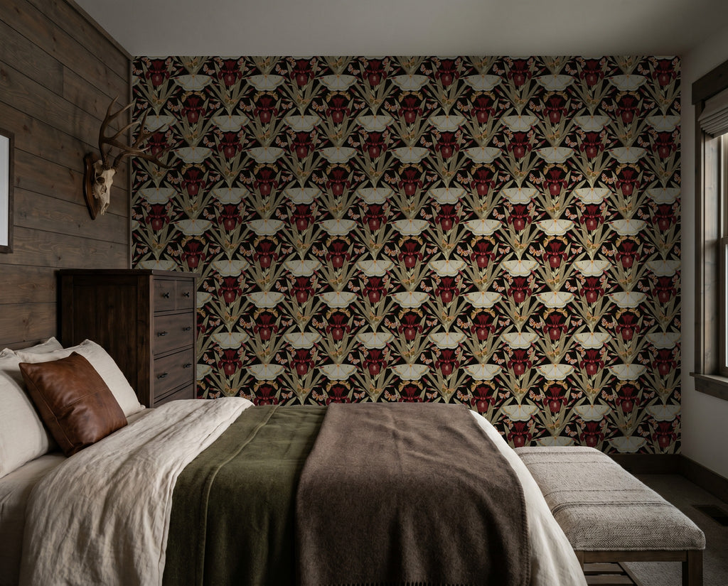 Charcoal wallpaper with red irises and moths in a rustic bedroom setting.