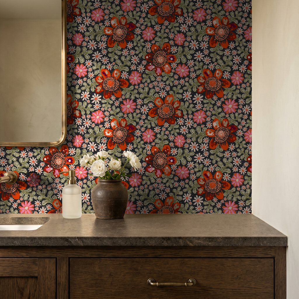 Charcoal wallpaper with red and olive floral pattern in bathroom setting.