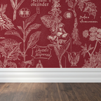 Crimson botanical wallpaper with intricate plant illustrations in a vintage style.
