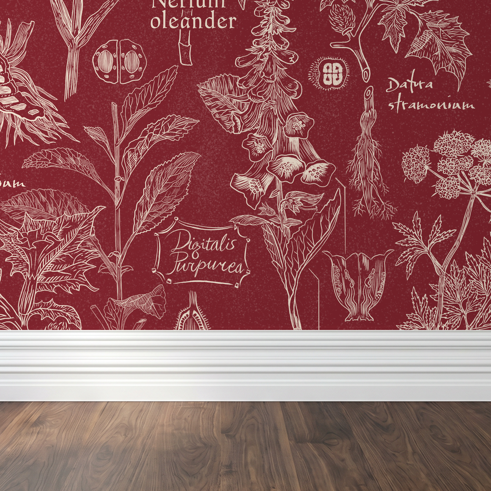 Crimson botanical wallpaper with intricate plant illustrations in a vintage style.