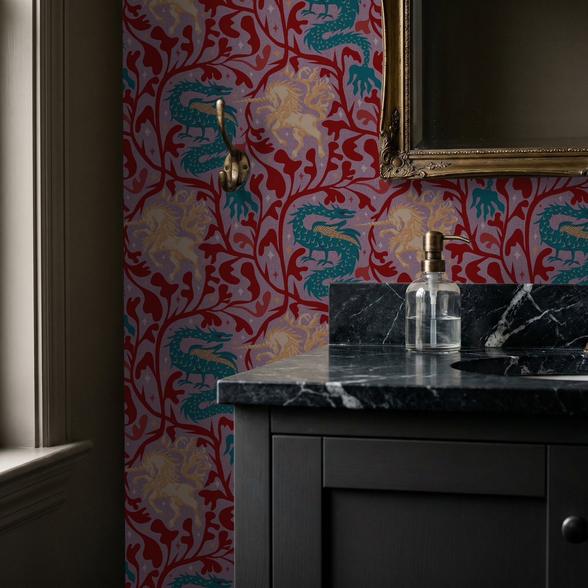 Crimson wallpaper with teal dragons and golden unicorns in a bathroom setting.