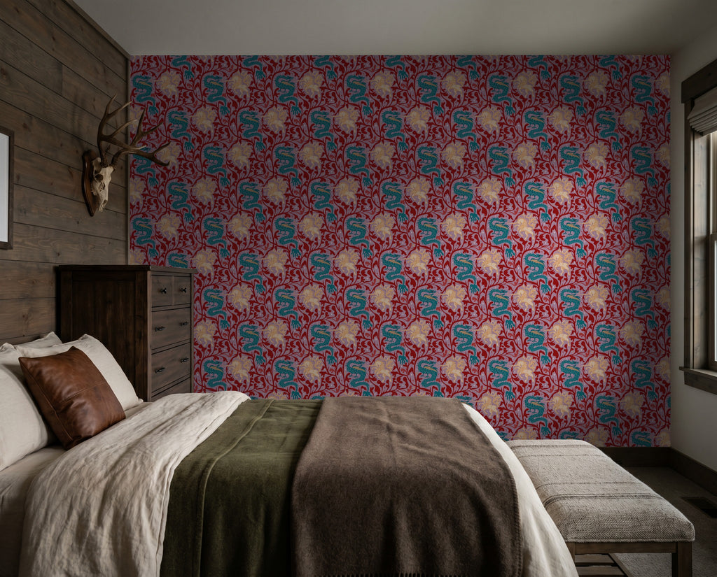 Crimson wallpaper with teal dragons and golden unicorns in cozy bedroom setting.