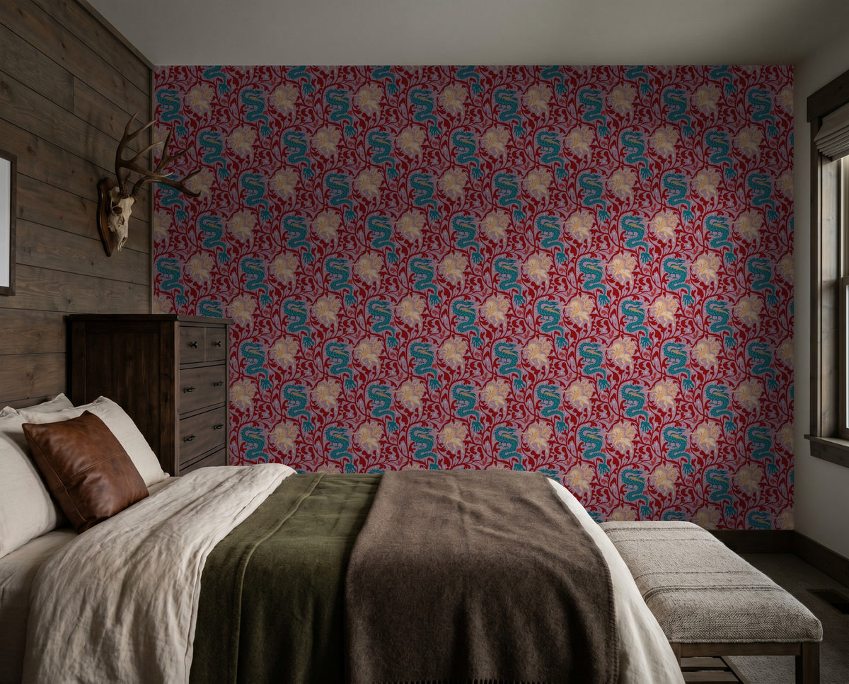 Crimson wallpaper with teal dragons and golden unicorns in cozy bedroom setting.