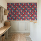 Crimson wallpaper with teal dragons and golden unicorns in a cozy room setting.