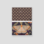Dark purple wallpaper with Dutch iris flowers and moths in a moody, maximalist style.