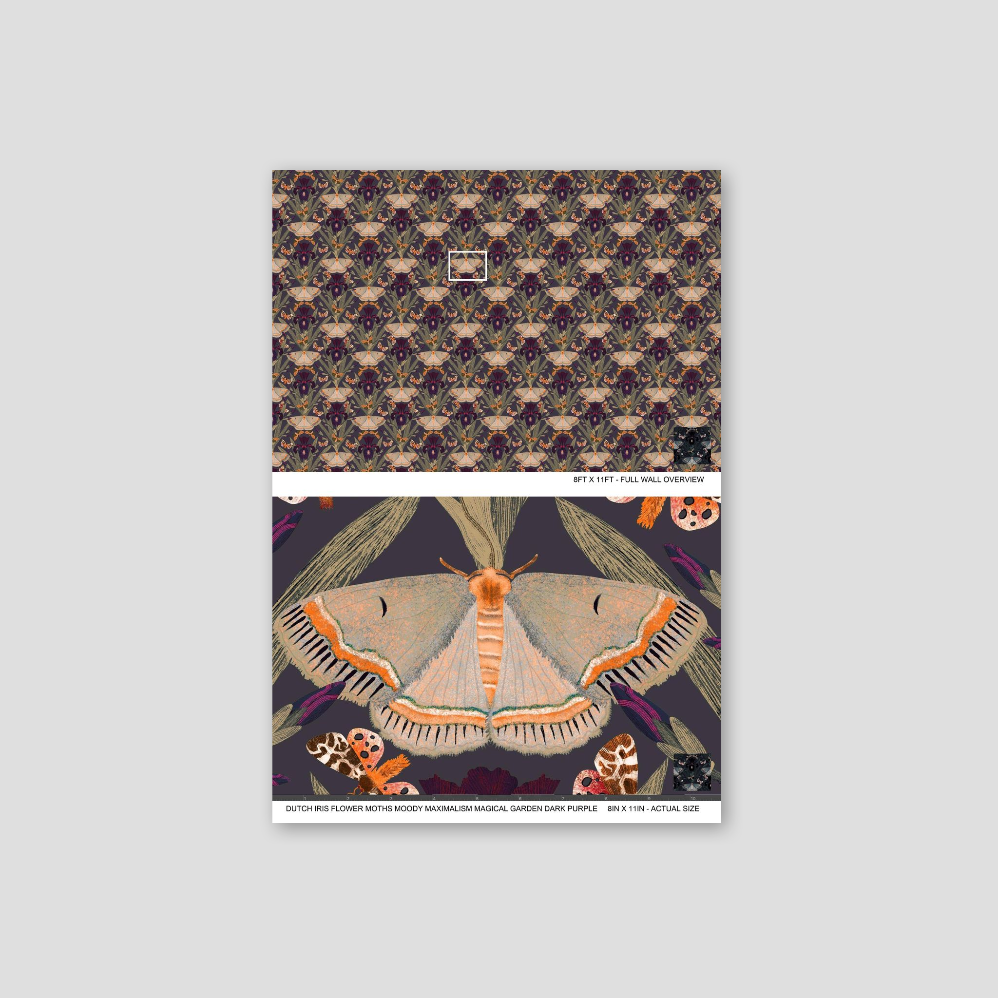 Dark purple wallpaper with Dutch iris flowers and moths in a moody, maximalist style.