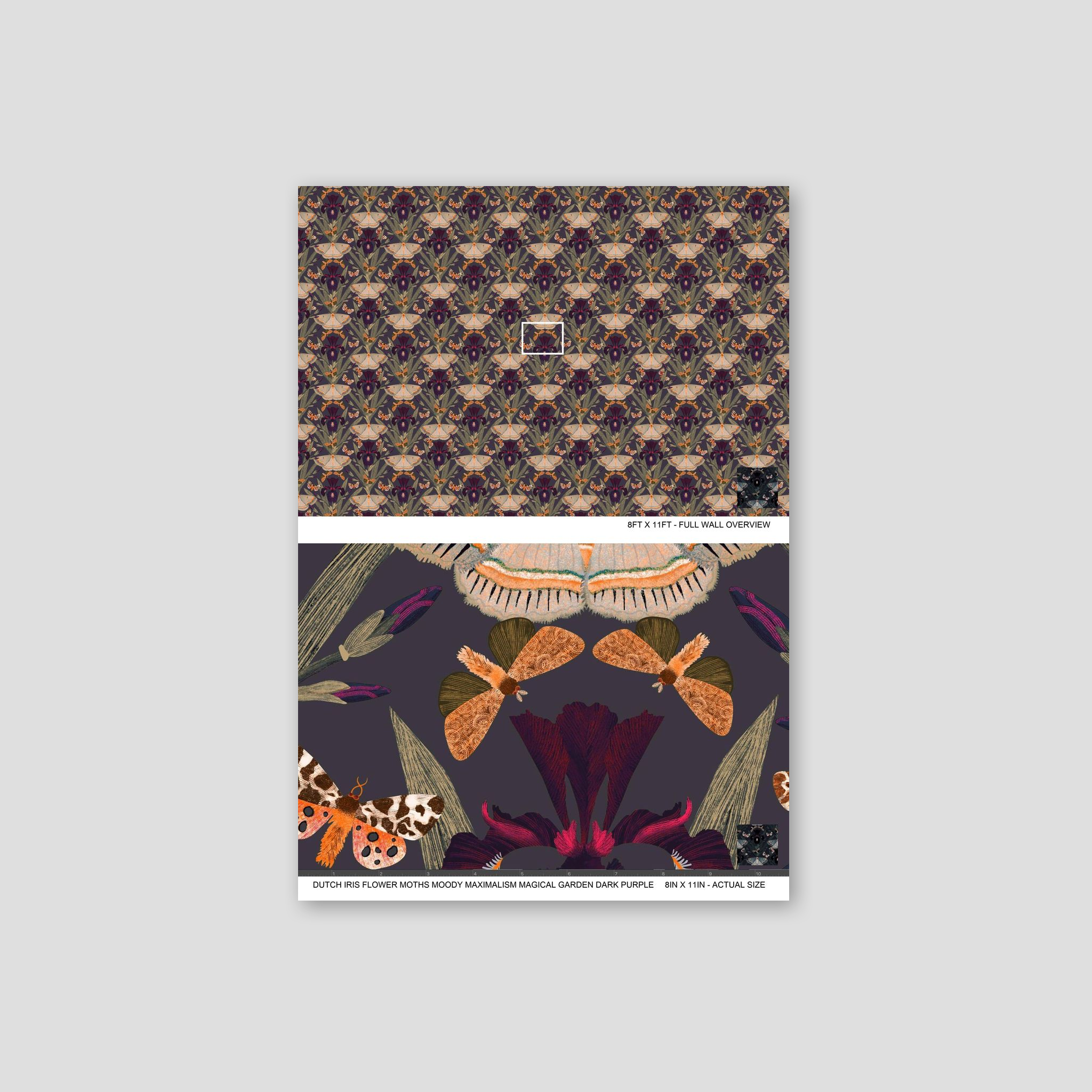 Dark purple wallpaper with Dutch iris flowers and moths, featuring a moody maximalist design.