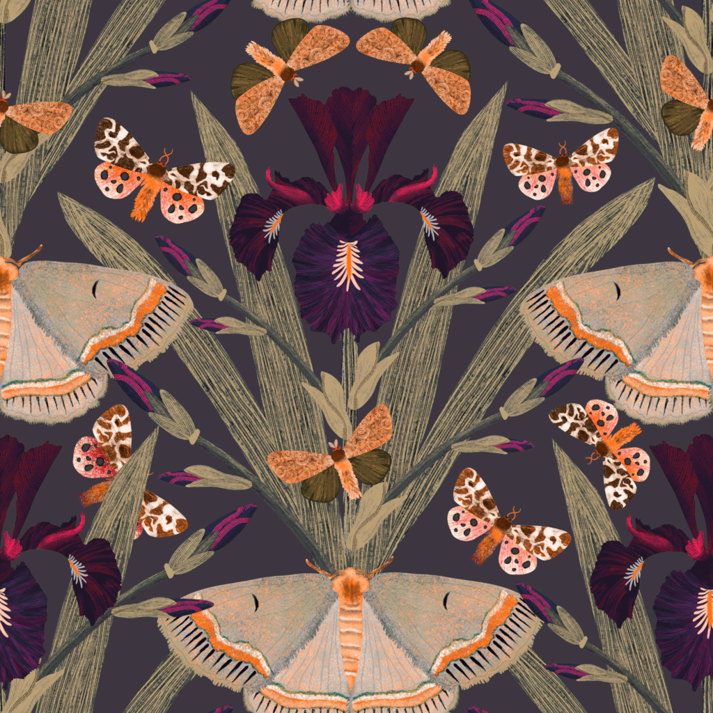 Moody floral wallpaper with purple irises and colorful moths on a dark background.