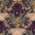 Moody floral wallpaper with purple irises and colorful moths on a dark background.