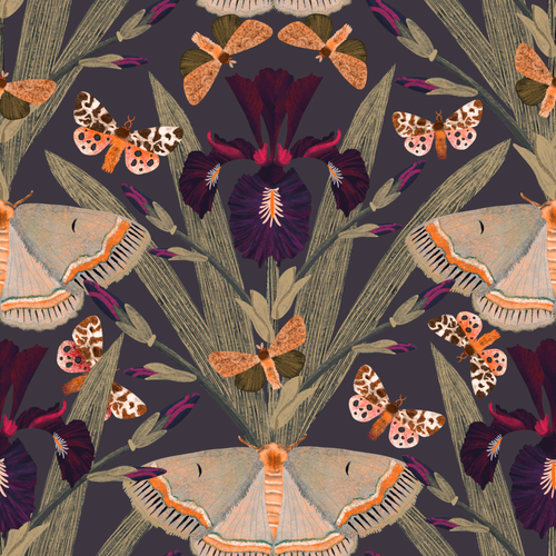 Moody floral wallpaper with purple irises and colorful moths on a dark background.