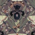 Muted maximalist wallpaper with Dutch Iris flowers and moths in dark tones.