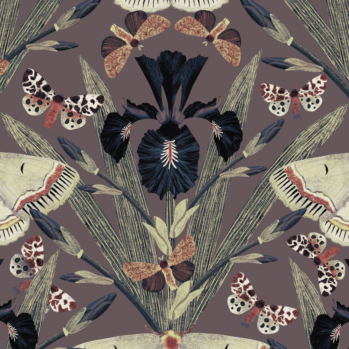 Muted maximalist wallpaper with Dutch Iris flowers and moths in dark tones.