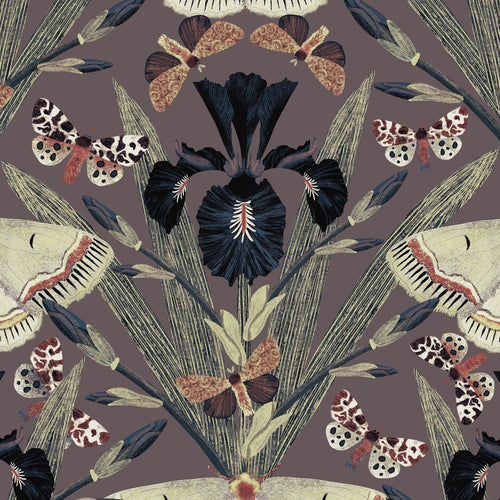 Muted maximalist wallpaper with Dutch Iris flowers and moths in dark tones.