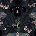 Dark floral wallpaper with Dutch irises and moths in a moody, gothic style.