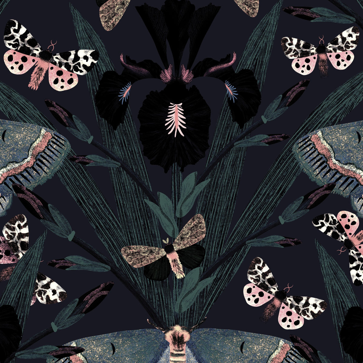 Dark floral wallpaper with Dutch irises and moths in a moody, gothic style.
