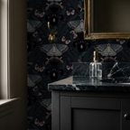 Moody wallpaper with Dutch irises and moths in dark bathroom setting.