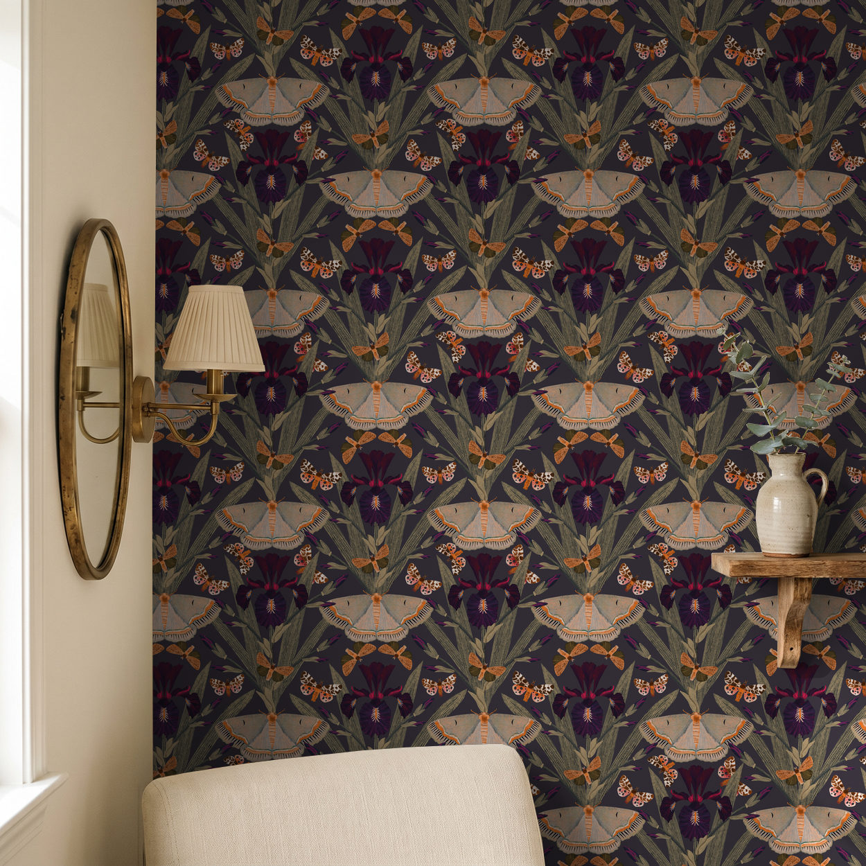 Dark purple wallpaper with Dutch irises and moths in a cozy room setting.