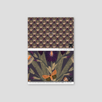 Dark purple wallpaper with Dutch irises and moths, intricate floral pattern.