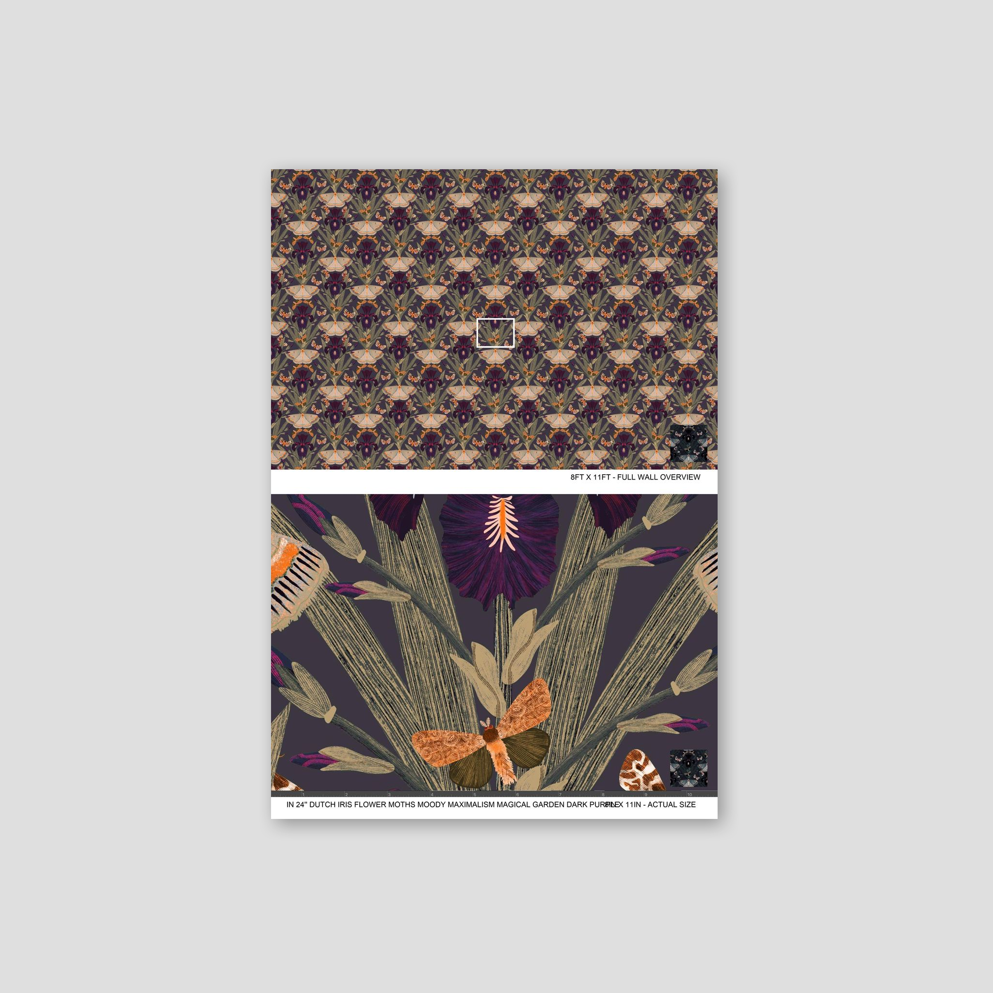 Dark purple wallpaper with Dutch irises and moths, intricate floral pattern.
