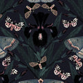 Moody wallpaper with Dutch irises and moths on a dark background, gothic floral design.