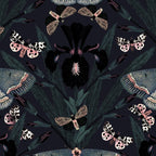 Moody wallpaper with Dutch irises and moths on a dark background, gothic floral design.
