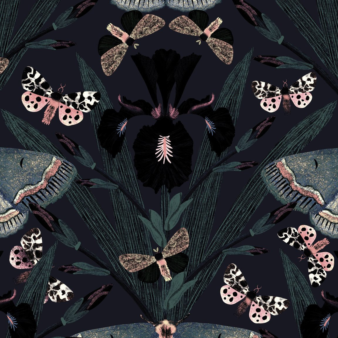Moody wallpaper with Dutch irises and moths on a dark background, gothic floral design.