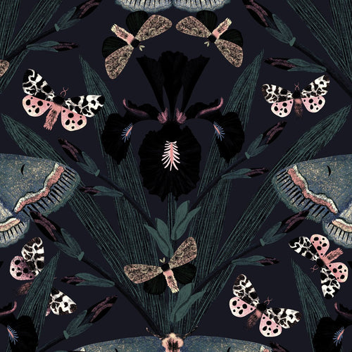 Moody wallpaper with Dutch irises and moths on a dark background, gothic floral design.