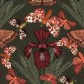 Moody floral wallpaper with ruby irises and terracotta moths on olive green background.