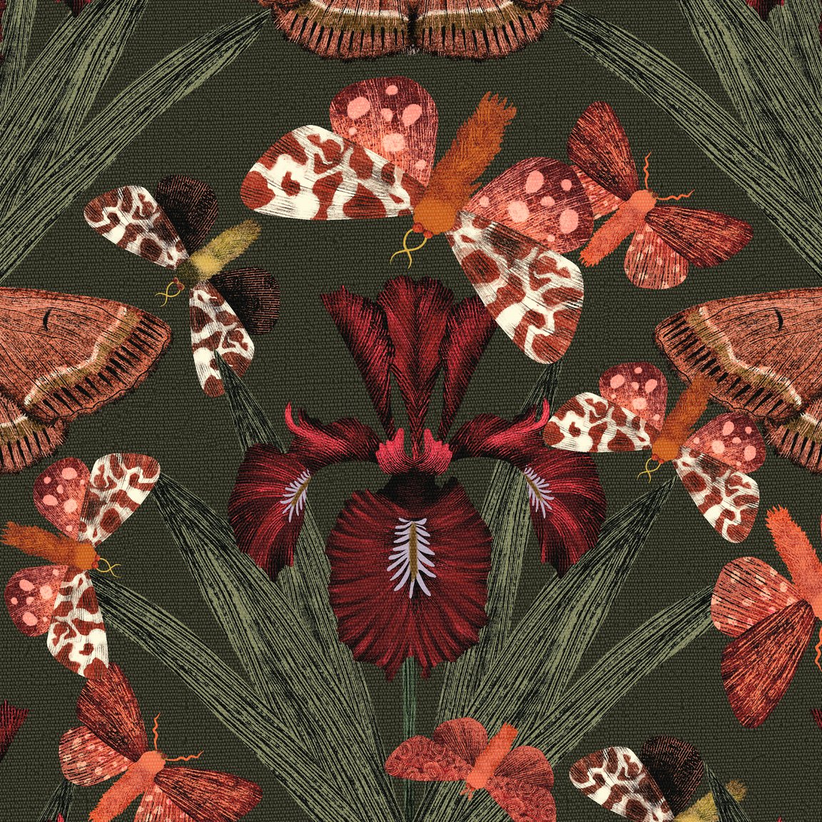 Moody floral wallpaper with ruby irises and terracotta moths on olive green background.