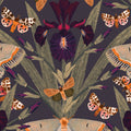 Dutch Iris & Moths wallpaper with purple irises and moths on slate background.