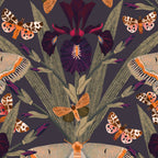 Dutch Iris & Moths wallpaper with purple irises and moths on slate background.