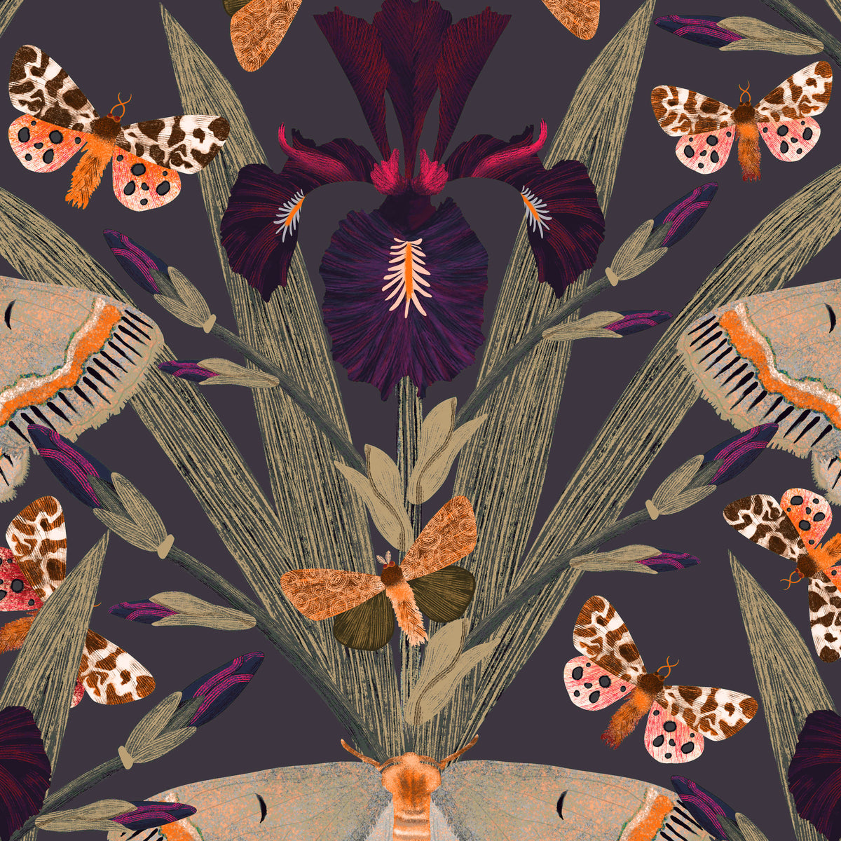 Dutch Iris & Moths wallpaper with purple irises and moths on slate background.