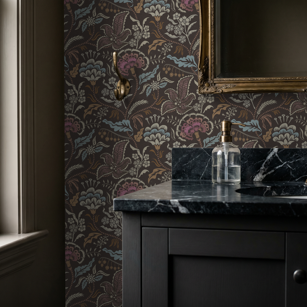 Elegant floral chintz wallpaper in muted blue and taupe in a classic bathroom.